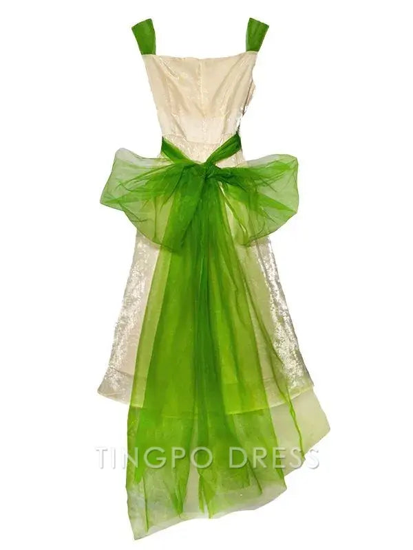 TingPo Wholesale Elegant Sweetheart Neckline Light Apricot Vintage Slip Dress with Detachable Green Waist Tulle
